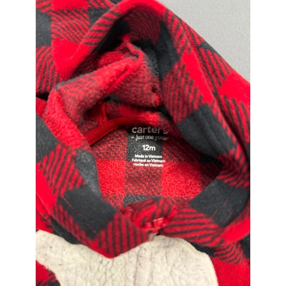 Carters Just One You Baby 12M Red Black Buffalo Plaid Fleece Hooded Sleeper Bear